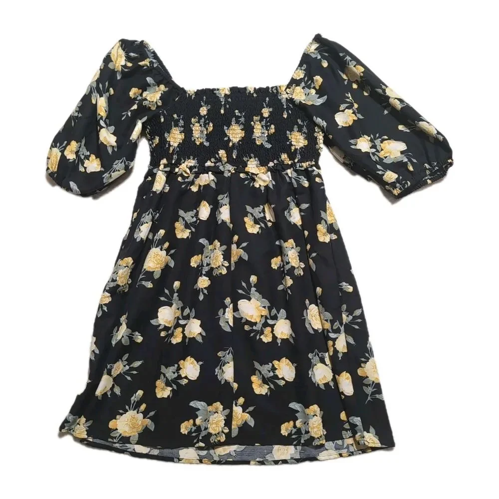 Indulge Black Yellow Floral Baby Doll Blouse Top Dress Size XL Square Neckline